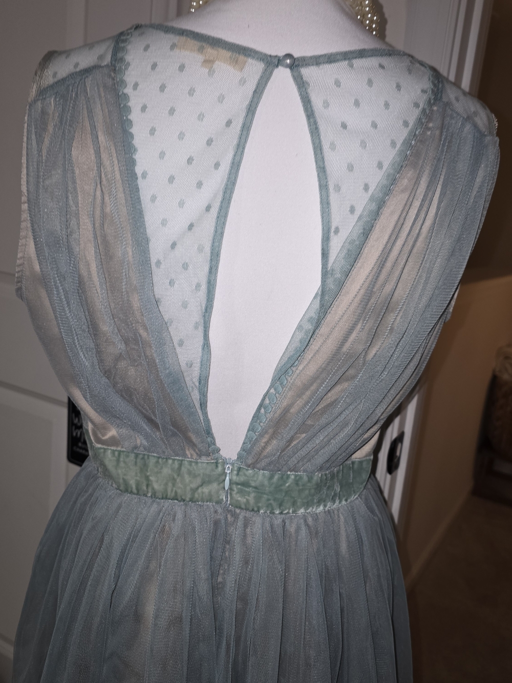 Powder Blue Sheer Tulle Cocktail Dress with Velvet Waistband Tan Underslip Large - Picture 9 of 16